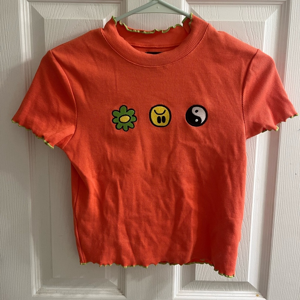 Cute Orange Baby Tee w/ Embroidered Design, Medium